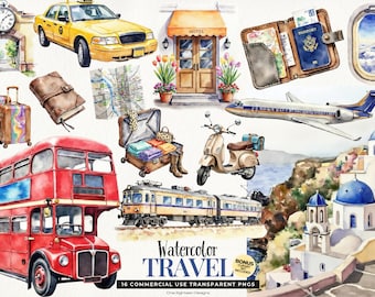 Watercolor Travel Clipart Set, Vacation Planner PNGs, Holiday Adventure Scrapbook Illustrations, Junk Journal Landmark Images