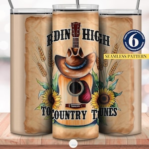 Emballage pour gobelet Ridin' High Country Tunes, gobelet de 20 oz sur le thème de la guitare western png, illustrations de tournesol et de chapeau de cowboy, musique country png thumbnail