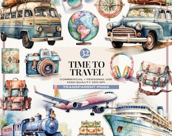 Watercolor Travel Clipart, Vacation Globe Clip Art, Summer Vacation, Tourism Adventure, Globe-Holiday Traveling, Vacation Holiday Graphics