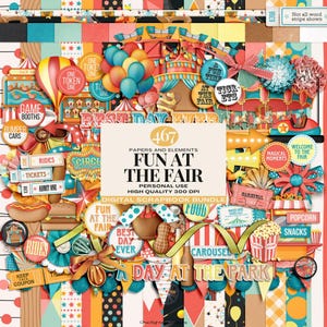 Carnaval clipart en papers digitale plakboek bundel, kermis printables, pretpark illustraties, vintage circus ephemera, country fair art