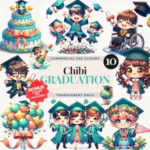 Chibi Graduation Clipart PNG, Kawaii Kids Clip Art, Cartoon Portrait Clipart, Elementary School Graduation Signs, Child Graduate Certificate