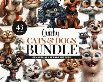 Quirky Cat and Dog Clipart Bundle, Whimsical Cats and Dogs Clip Art, Planner Clipart, Cute Quirky Animal Sublimation, Funny Animals Clipart