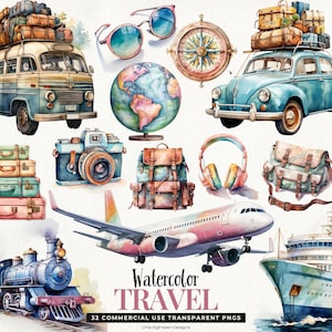 Puede incluir: Ilustraciones en acuarela con temática de viajes, que incluyen un autobús vintage, un coche, un avión, un tren y un crucero. Otros elementos son equipaje, un globo terráqueo, gafas de sol, una brújula, una cámara, auriculares y un bolso. También se incluye el texto "Watercolor TRAVEL".