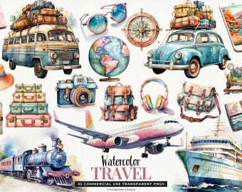 Watercolor Travel Clipart, Vacation Icons PNGs, Planner Stickers, Digital Download