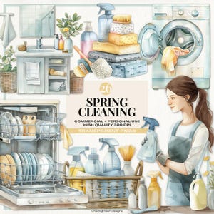 Clipart ménage de printemps, clipart d'entretien ménager aquarelle, produits de nettoyage, images de maison fraîches, organisation des cliparts, graphiques ménage de printemps