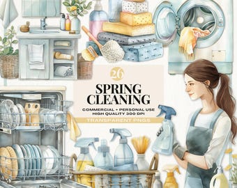 Spring Clean Clipart, Watercolor Housekeeping Clip Art, Cleaning Supplies, Fresh House Images, Organizing Clipart, Spring Cleaning Graphics