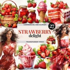 Aardbei clipart png bundel, aquarel fruitmand digitale illustraties, zomerfruit verjaardag uitnodigen decor downloaden, mode meisje clipart
