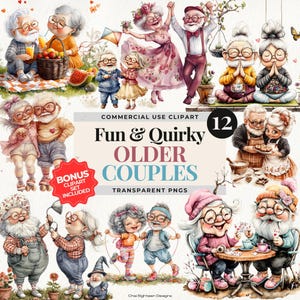 Bundle de cliparts drôle de vieux couple, couples amusants et décalés danse, portrait clipart lunatique de grands-parents, personnes âgées mignonnes png