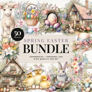 Lot de cliparts aquarelle de Pâques, Images de paniers floraux de Pâques, Images d'invitation au brunch de Pâques, Décoration de fête de chasse aux œufs de Pâques, Lapin de Pâques