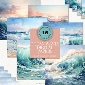 Ocean Waves Watercolor Clipart, Sea Wave Images, Summer Scrapbook Sheets, Seaside Pages, Digital Papers, Commercial Use, INSTANT DOWNLOAD