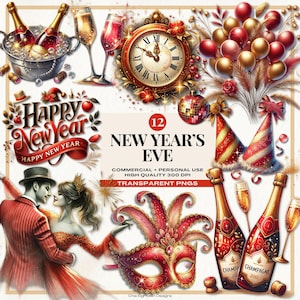 Feliz año nuevo clipart rojo y dorado 2025, champán PNG, diseños de acuarela para Nochevieja, celebración de año nuevo PNG