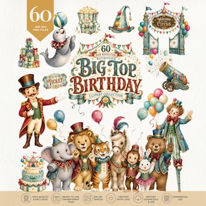 Pode incluir: Uma coleção de clipart digital intitulada Big Top Birthday com ilustrações em aquarela de um mestre de circo, animais fantasiados, um bolo, pipoca, balões, um canhão e um portão de entrada de circo com 60 arquivos.