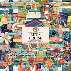 Kit de scrapbooking numérique bateau de croisière, lot de scrapbooking vacances nautiques, voyage et clipart océan, carnet de voyage vie en mer, vacances en mer