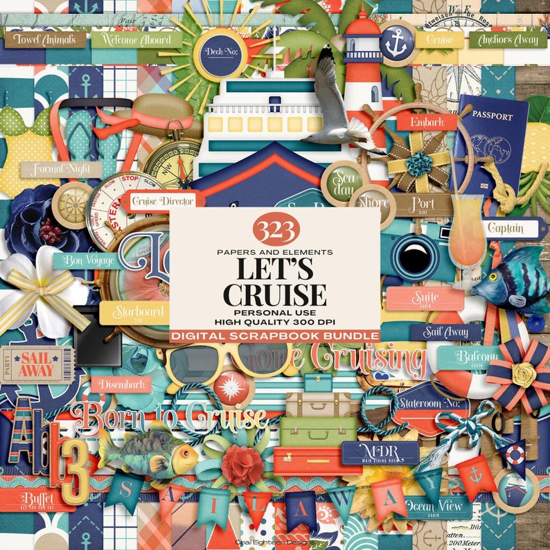 Digital scrapbook kit featuring a cruise and nautical theme with 323 papers and elements, perfect for vacation memory keeping.