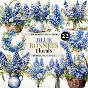 Blue Bonnets Clipart, Blumen Aquarell digitale Kunst, Bluebonnet Blumenstrauß & Kranz Illustrationen, Wildblumen Blumengrafik, Frühlingsblumen