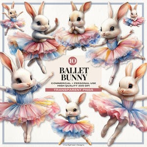 Clipart de conejito de bailarina de acuarela, ilustración de lindo conejo bebé con tutú de ballet, decoración de guardería PNG, gráficos de invitación para baby shower