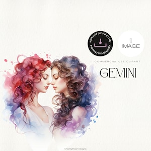 Aquarel Gemini Zodiac Sisters Clipart: tweelingzussen, astrologische kunst, hemelse graphics, ENKELE afbeelding, commercieel gebruik, INSTANT DOWNLOAD