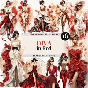 Diva in Red Fashion Clipart PNG, Disegni di donne glamour, Clipart di moda con abito rosso, Illustrazioni di modelli eleganti, PNG glamour di alta moda