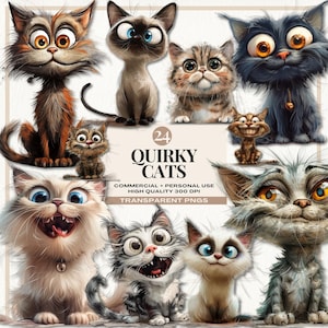 Quirky Cat Clipart, Whimsical Cats Clip Art, Planner Clipart, Cute Quirky Animals, Cute Cat Portraits, Commercial Use, INSTANT DOWNLOAD