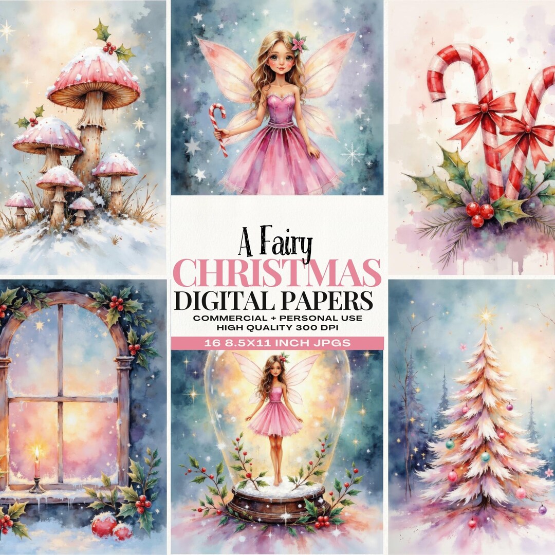 Christmas Fairy Digital Papers, Watercolor Festive Backgrounds ...