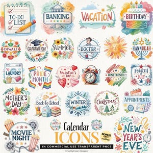 Calendar Icons Clipart, Printable Planner Graphics Set, Holiday Png Designs, Seasonal Illustrations for Scrapbooking, Journaling and Crafts