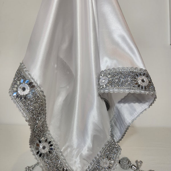 Afghan Shirni Engagement Desmal- White with silver encrusted mirror border