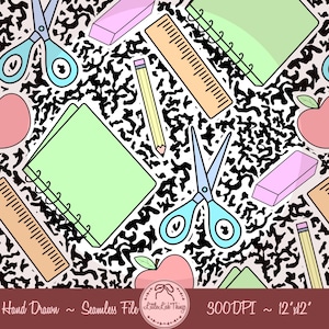 May include: A seamless pattern featuring school supplies including light green spiral notebooks, light blue scissors, yellow pencils, pink erasers, tan rulers, and pink apples set against a black and white marbled composition notebook background.