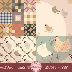 May include: A digital seamless pattern file featuring four distinct sections of chicken illustrations. Designs include a patchwork quilt grid, a light pink background with scattered chickens, a diamond vine trellis, and a sage green field with hens.