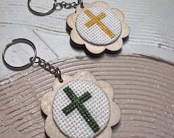 Cross Stitch Cross Keychain - Christian Embroidery - Bright and Detailed Keychain Accessory - Faith Based Presents