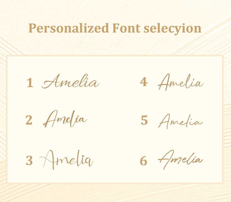 May include: Six different font styles for the name Amelia, numbered 1 through 6.