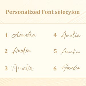 May include: A cream-colored graphic with the text "Personalized Font selection" at the top. Below, six different font styles are displayed, each showcasing the name "Amelia" in a gold color, numbered from one to six.