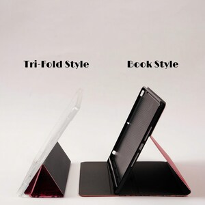 May include: Image comparing iPad cases: a clear Tri-Fold Style case and a black Book Style case. The cases are displayed open, showcasing their design and functionality. The text "iPad Model Comparison" is at the top.