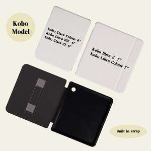 May include: A black e-reader case with a built-in strap. The case is open to show the black e-reader screen. The case is compatible with Kobo Clara Colour 6", Kobo Clara BW 6", Kobo Clara 2E 6", Kobo libra 2 7", and Kobo Libra Colour 7" e-readers.