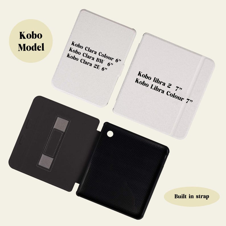 May include: A black e-reader case with a built-in strap. The case is open to show the black e-reader screen. The case is compatible with Kobo Clara Colour 6", Kobo Clara BW 6", Kobo Clara 2E 6", Kobo libra 2 7", and Kobo Libra Colour 7" e-readers.