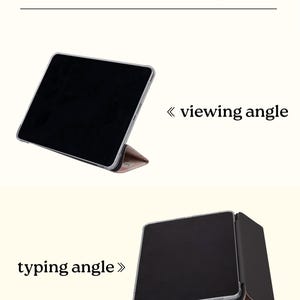 May include: A black tablet in a clear case, shown in two positions: viewing angle and typing angle. The case has a tri-fold design with a floral pattern on the inside. Text at the top reads "About Tri-Fold Style".