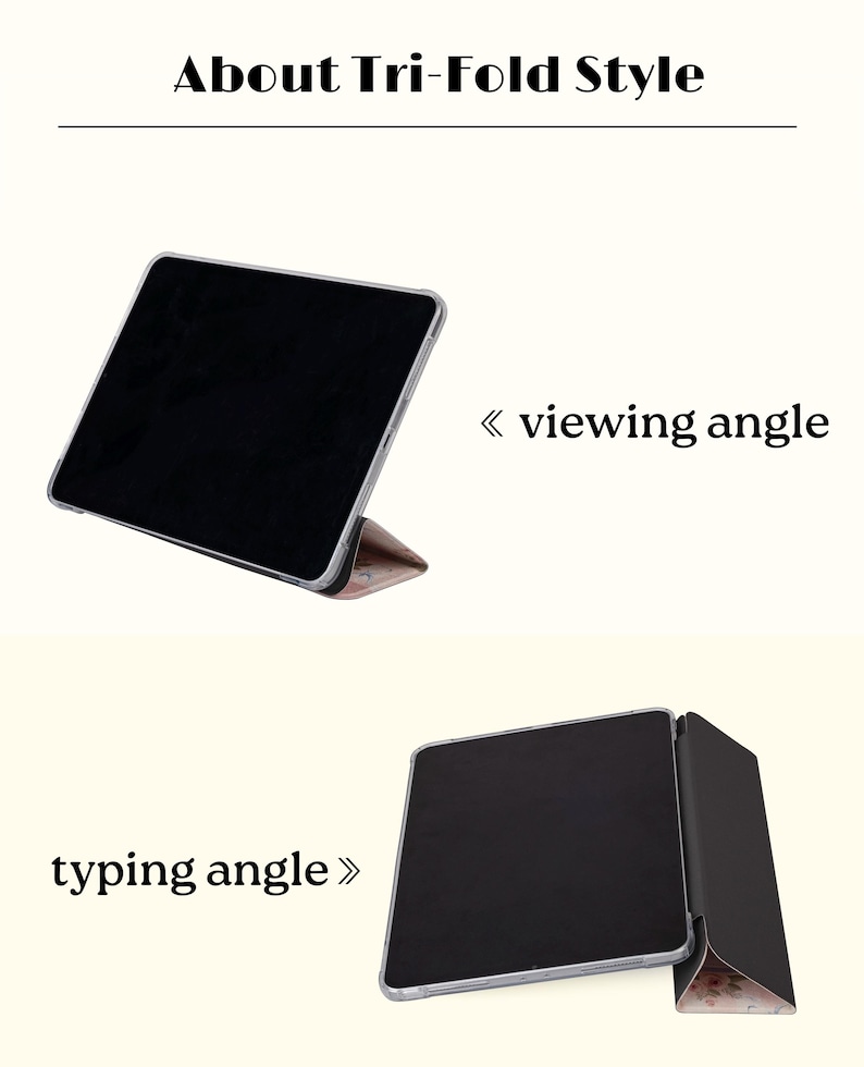 May include: A black tablet in a clear case, shown in two positions: viewing angle and typing angle. The case has a tri-fold design with a floral pattern on the inside. Text at the top reads "About Tri-Fold Style".