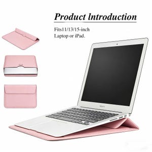 May include: A pink laptop sleeve with a matching laptop resting on it. The sleeve is designed to fit 11, 13, and 15-inch laptops or iPads. The text "Product Introduction" is at the top.