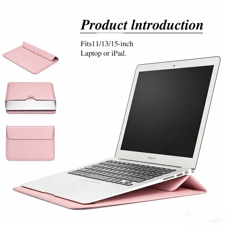 May include: A pink laptop sleeve with a matching laptop resting on it. The sleeve is designed to fit 11, 13, and 15-inch laptops or iPads. The text "Product Introduction" is at the top.