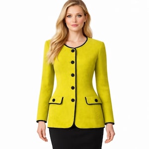 May include: A bright yellow blazer with black trim and buttons. The blazer has a tailored fit, long sleeves, and two front pockets. The black trim outlines the collar, front, and pockets.