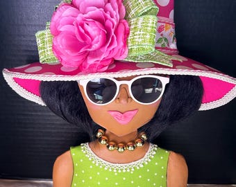 Georgia wreath attachment, Georgia Southern Charm Doll Wreath Attachment, Handmade Front Door Decor, Pink & Green Spring Summer Accent