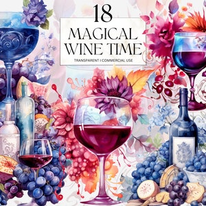 Watercolor Wine Clipart, Printable Magical Grape Alcohol Drink w Cheese Platter Print Junk Journal Handmade Digital Download Commercial Use