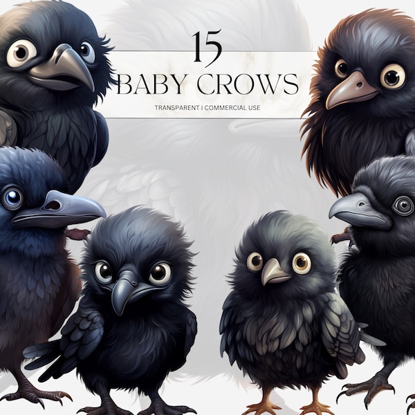 Watercolor Baby Crows Clipart, Printable Cute Adorable Woodland Animals Png Kawaii Raven Decor Art Print Digital Download Svg Commercial Use