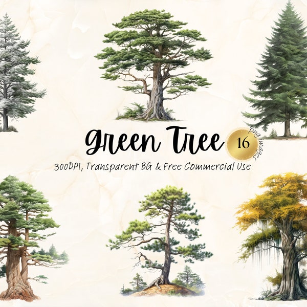 Watercolor Green Tree Clipart Printable Nature Forest Botanical Landscape Art Digital Download Junk Journal Handmade Png Svg Commercial Use