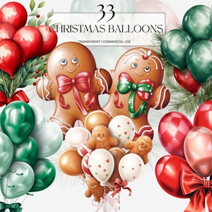 Akwarela Boże Narodzenie Balony Clipart, Wydruk Piernik Dekoracja Png Czerwony Zielony Wigilia Sztuka Wydruk Cyfrowy Pobierz Svg Komercyjne Wykorzystanie