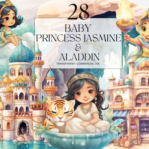 Watercolor Jasmine Clipart, Printable Arabian Princess png, Baby Girls Fairytale Princess Party Birthday Invitation Art Print, Digital Svg