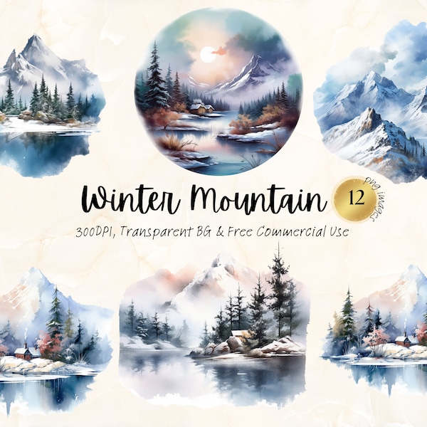 Aquarelle hiver montagne Clipart imprimable Nature neigeux forêt paysage Art téléchargement numérique indésirable Journal fait à la main Png Svg usage Commercial