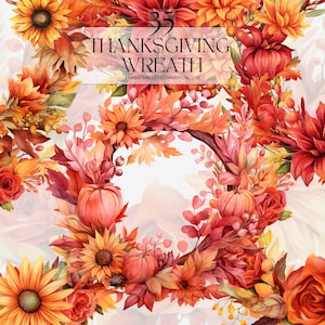 Aquarelle Thanksgiving Wreath Clipart, Printable Cozy Floral Ephemera Png, Autumn Invitation Art Print Digital Download Svg Utilisation commerciale