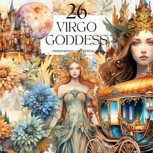 Acuarela Virgo Diosa Imágenes Prediseñadas, Astrología imprimible del signo del zodiaco, Virgen Princesa Crisantemo Arte Descarga digital Svg Png Uso comercial