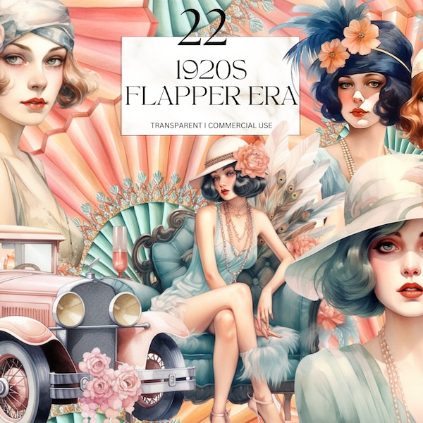 Aquarell 1920 Flapper Era Clipart, druckbare 1920er Jahre Retro Prohibition Jazz Kunstdruck Charleston Junk Journal Handgemacht, digitaler Download PNG