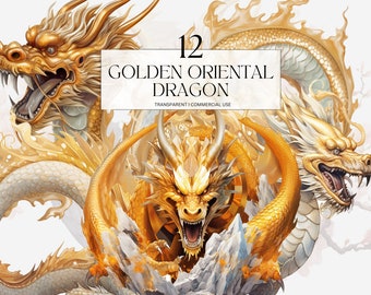 Watercolor Gold Oriental Dragon Clipart, Printable Magical Fantasy Art Print, Commercial Use Junk Journal Handmade Digital Download png svg
